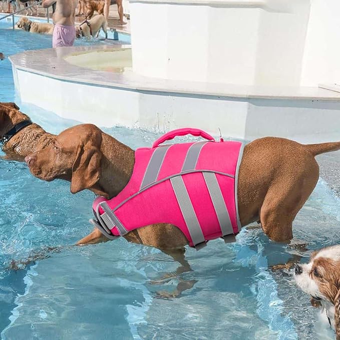 Kuoser Small Dog Life Jacket High Flotation, Reflective Puppy Water Vest for Swimming Boating, Adjustable Doggie Life Preserver Rescue Handle for Summer, Pink S