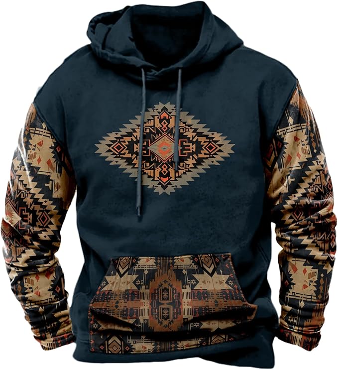 HOTYD Mens Western Aztec Sweatshirts Long Sleeve Fall Fashion Drawstring Pullover Vintage Graphic Cowboy Hoodie for Men