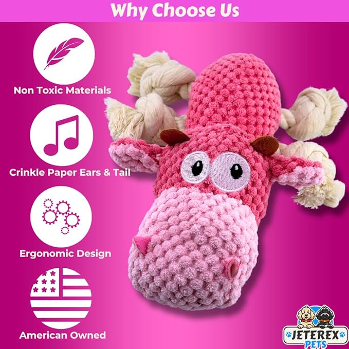 Large Dog Toy - Pink Cow Squeaky Dog Toys for Large Dogs, Medium and Small Dogs. Interactive with Pineapple Plush Fabric, Rope Legs, Hidden Seams, Reinforced Stress Points