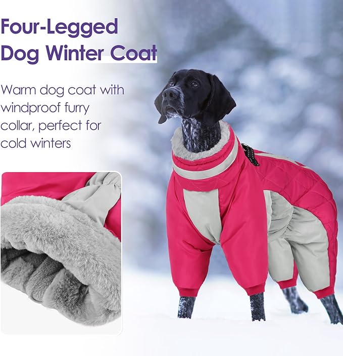 SUNFURA Full Body Dog Coat - Warm Fleece Jacket for Large Dogs, Turtleneck Winter Coats with Harness, Reflective Dog Snowsuit Windproof Puffer Jackets with Legs for Weimaraner, Hot Pink XL