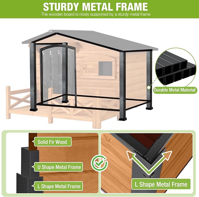 GUTINNEEN Large Heated Dog House Outdoor Dog Kennel Safe Winter Shelter with Thermostat-Controlled Heating Pad, Chew-Proof Metal Frame and 6-Sided Insulated Liner for Small to Large Dogs (Brown)