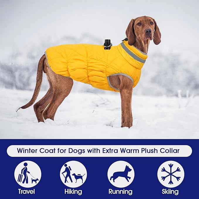 FUAMEY Dog Coat for Large Dogs,Waterproof Dog Winter Jacket with Harness Built in Puppy Cold Weather Coats Reflective Pet Vest with Zipper Warm Fleece Dogs Snowsuit Windproof Yellow L