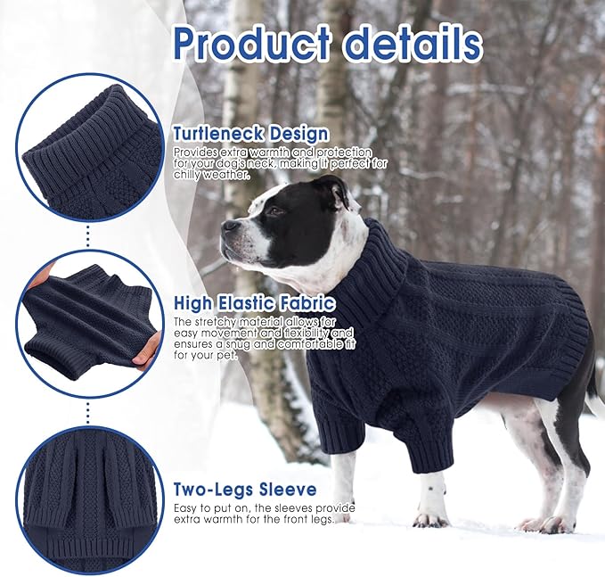 Queenmore XL Dog Sweater,Christmas Dog Sweaters for Extra Large Dogs Girl Boy,Warm Soft Fall Doggy Pullover Clothes,Turtleneck Knitted Pet Winter Apparel for Golden Retriever,Labrador(Dark Navy,XL)