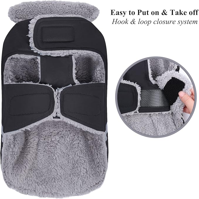 VIVAGLORY Frostfit Dog Coat, Dog Jacket for Winter & Cold Weather, Warm Fluffy Fleece Lined Water Resistant Reflective for Puppy, Coat with Velcro Fastening & Leash Hole, L, Black