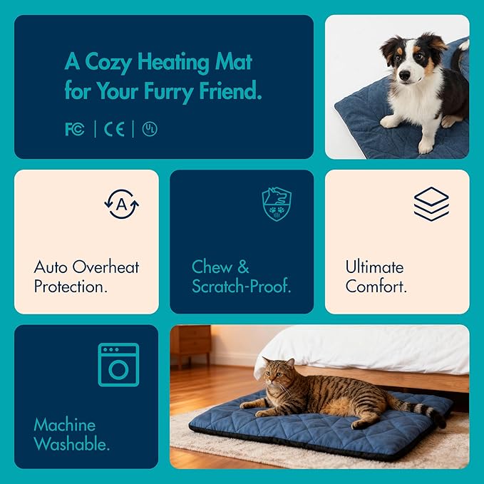 Dog Heating Pad (31"x20") - Waterproof Electric Heated Mat & Pet Bed for Indoor and Outdoor Use, Chew Resistant Cord, Machine Washable Cover with Wheat Pattern Quilting, for Cats and Pets