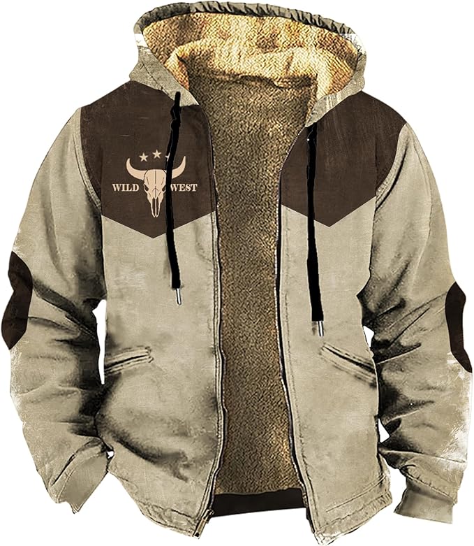 Men's Western Aztec Jackets Hooded Cowboy Hoodie Warm Full Zip Ethnic Vintage Long Sleeve Coat Fall Winter Tops