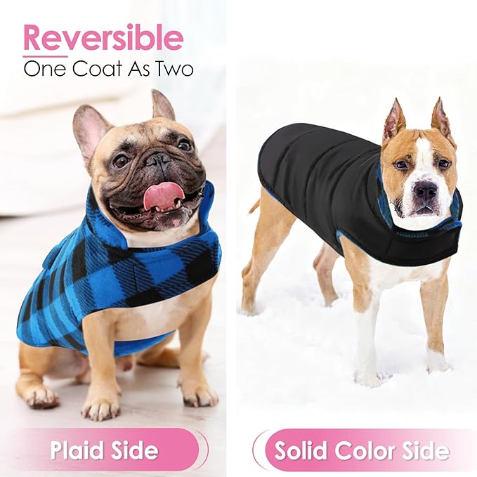 AOFITEE Dog Coat Plaid Dog Winter Coat for Small Dogs, Warm Dogs Jacket Christmas Sweater, Waterproof Pet Puffer Jacket, Reversible Pet Cold Weather Coats for Small Medium Large Pets, Blue S