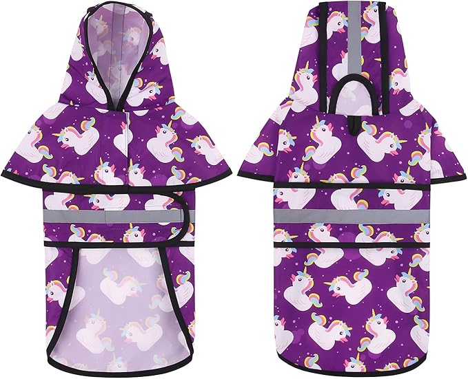 HDE Dog Raincoat Jacket Reflective Adjustable Hooded Pet Poncho Rain Coat with Leash Hole for Small to X-Large Dogs Purple Unicorn Ducks - M