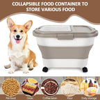 ShineMe 20Lbs Collapsible Pet Food Storage Container with Airtight Lid, Dog Food Storage Container with Measuring Scoop and Cup, Wheels & Handle for Easy Moving, Keep Dry Food Fresh (Khaki)