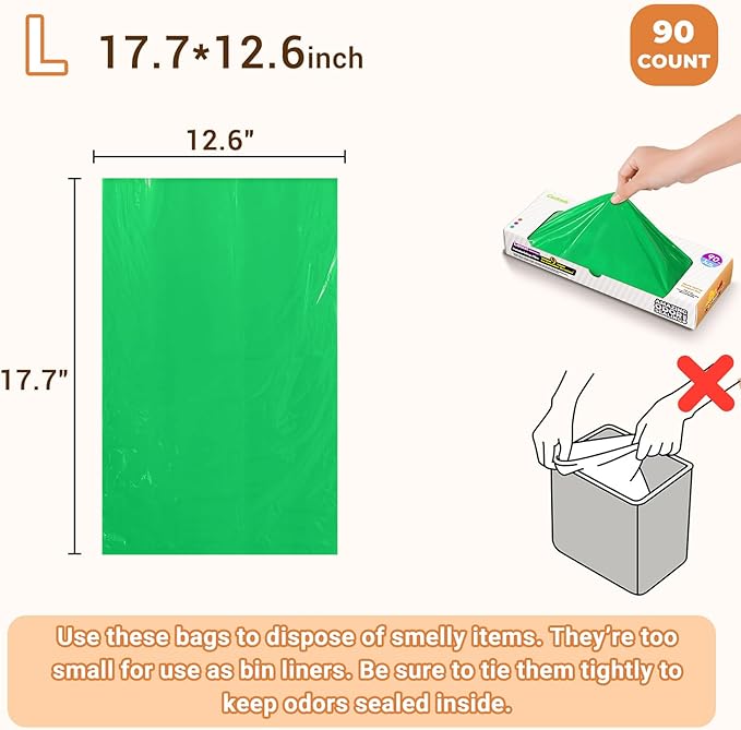 Odor-Sealing Dog Poop Bags L, 90 Count | Unscented & Durable Disposable Waste Bags for Pet Waste, Home & Travel Use (Green)