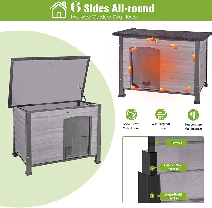 GUTINNEEN Large Outdoor Insulated Dog House Indestructible Dog Shelter Weatherproof Dog Kennel with Chew-Proof Metal Frame, Openable Roof for Small to Large Dog Breeds (Grey, 33.5"L x 22"W x 25.2"H)