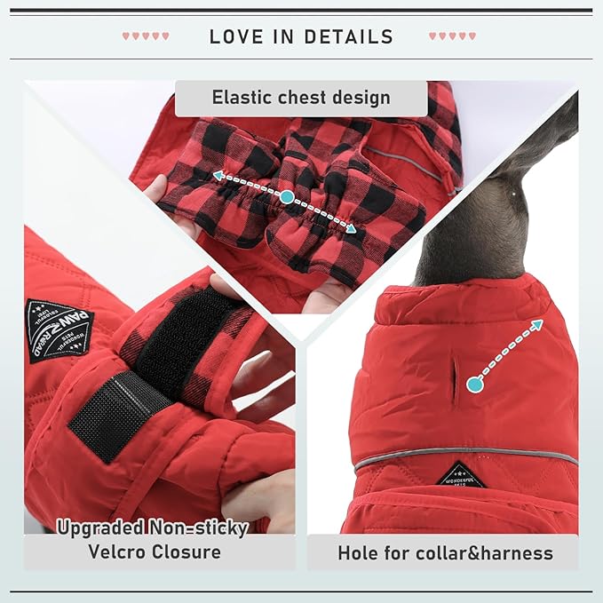 PAWZ Road Dog Winter Coat with 5 Layers Warm Material, Reversible Dog Clothes with 2 Sides, Dog Jacket Outdoor Water Repellent, (Red Plaid XS)