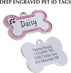 Personalized Stainless Steel Pet ID Tags with Glittery Bone Design - DEEP Engraved Dog Tags Engraved for Pets Customized with 5 Lines Dogs and Cats Pets