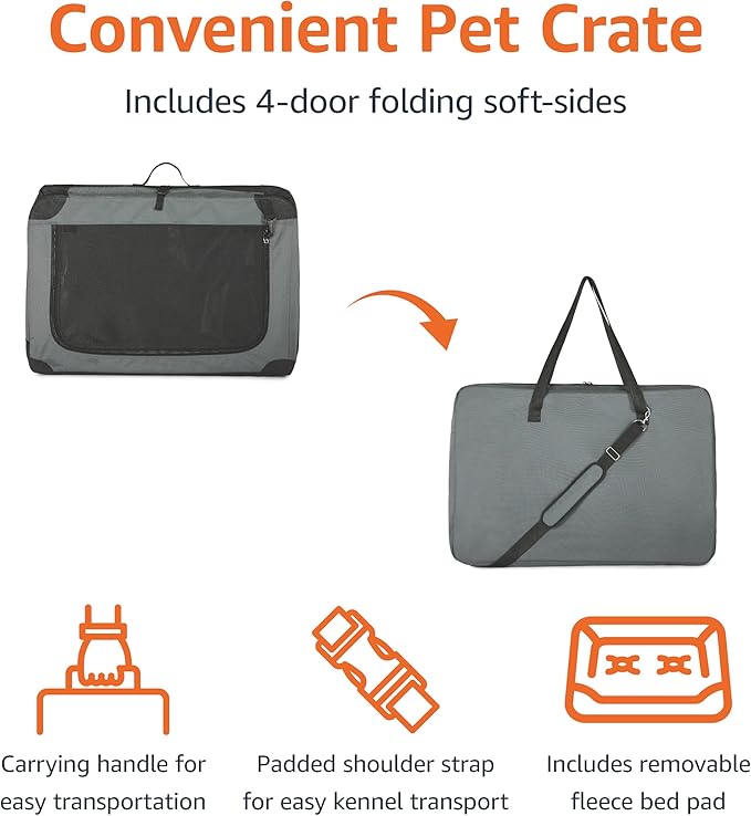 Amazon Basics 4-Doors Portable Soft-Sided Folding Travel Crate Kennel for cat, Dog, and Other Small Animals, Grey, S 26" x 18" x 18"