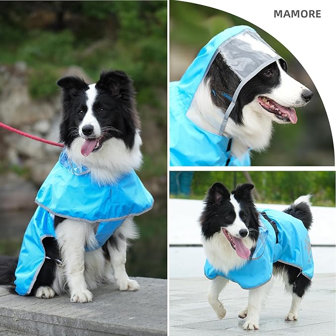 MAMORE Dog Raincoat Hooded Rain Jacket for Small Medium Large Dogs Slicker Poncho Bottom Waterproof Adjustable Reflective Breathable Leash Hole (Blue, XX-Large)