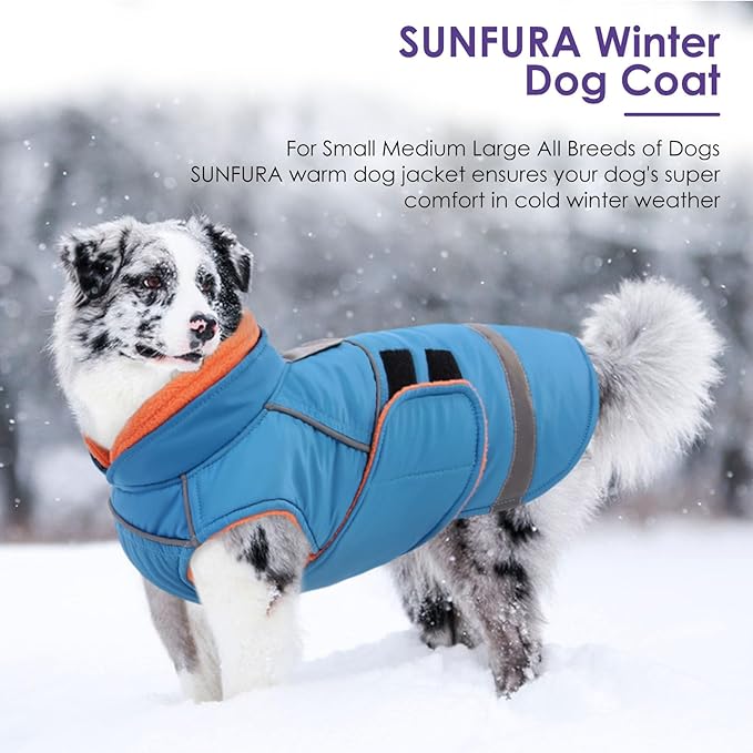 SUNFURA Dog Coats for Medium Dogs, Dog Winter Coat with Fleece Lining for Cold Weather, Warm Dogs Puffer Jacket Reflective Snowsuit with Leash Hole for Jack Russel, Boston Terrier, Turquoise M