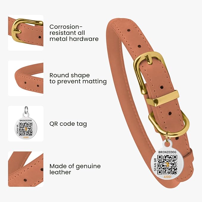 BronzeDog Rolled Leather Dog Collar with QR ID Tag, Adjustable Soft Round Collars for Small Medium Large Dogs Puppy (11" - 14 1/2" Neck Size, Peach)