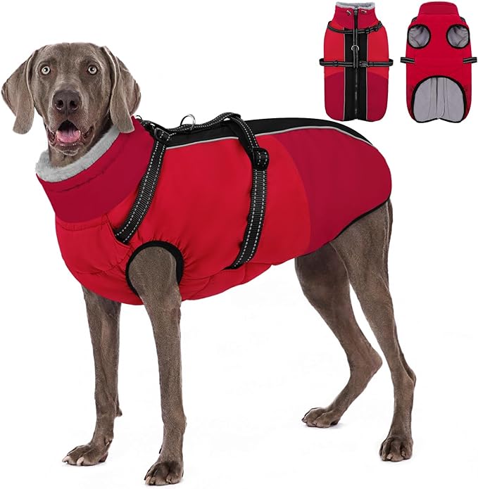 AOFITEE Dog Coat for Large Dogs, Waterproof Dog Winter Jacket with Built in Harness, Warm Turtleneck Cold Weather Coats Large, Reflective Fleece Lined Snow Jacket for French Bulldog, Boston Terrier, L