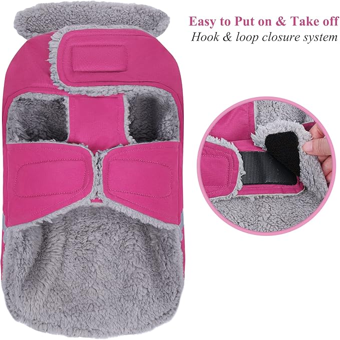 VIVAGLORY Frostfit Dog Coat, Dog Jacket for Winter & Cold Weather, Warm Fluffy Fleece Lined Water Resistant Reflective for Puppy, Coat with Velcro Fastening & Leash Hole, XL, Fuchsia
