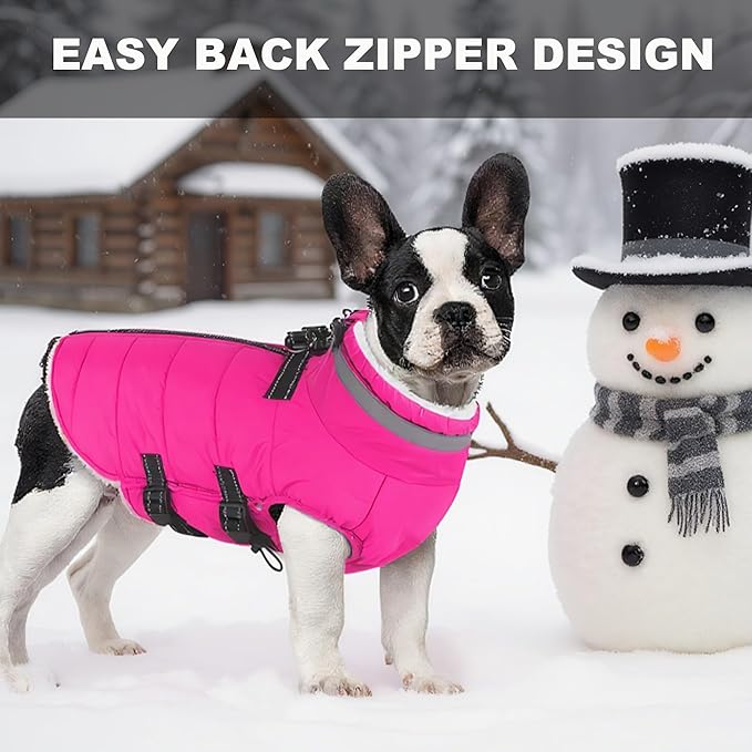 Small Dog Coat with Harness Built-in, Waterproof Reflective Fleece Lined - Warm Windproof Winter Jacket with Back Zipper, Cold Weather Snow Dog Coats - Pink - S