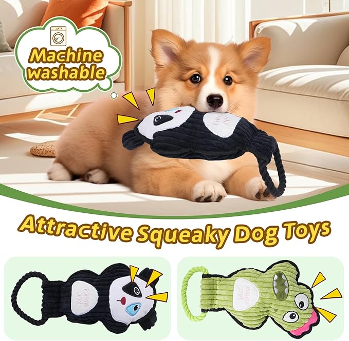 2-Pack Squeaky Dog Toys & Tough Tug of War Set - No Stuffing Chew-Resistant Plush Toys to Keep Them Busy, Best Birthday Gift for Small/Medium/Large Breeds (Panda & Dino)