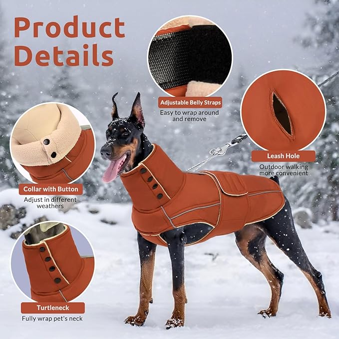 ASENKU Warm Dog Coat, Waterproof Dog Jackets for Medium Dogs with Reflective Fleece Vest Turtleneck with Button, Windproof Cold Weather Coats for Small Medium Large Dogs, Red Brown, M