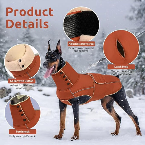 ASENKU Warm Dog Coat, Waterproof Dog Jackets for Large Dogs with Reflective Fleece Vest Turtleneck with Button,Windproof Cold Weather Coats for Small Medium Large Dogs, Red Brown, 2XL