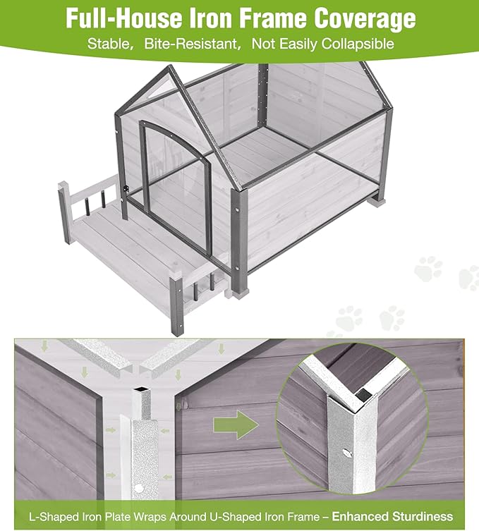 GUTINNEEN Dog House Outdoor Weatherproof with Porch, Puppy Shelter Indoor with Anti-Bite Design, PVC Curtain, Asphalt Roof, Elevated Waterproof Base, for Small to Medium Dogs - Grey