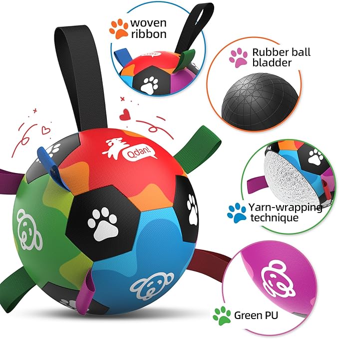 QDAN Dog Soccer Ball, Dog Balls with Straps, Outside Dog Toys for Small Medium Pets, Birthday Gift Toy, Soccer Ball for Dogs with Tags, Herding Balls Toys (6 Inch)