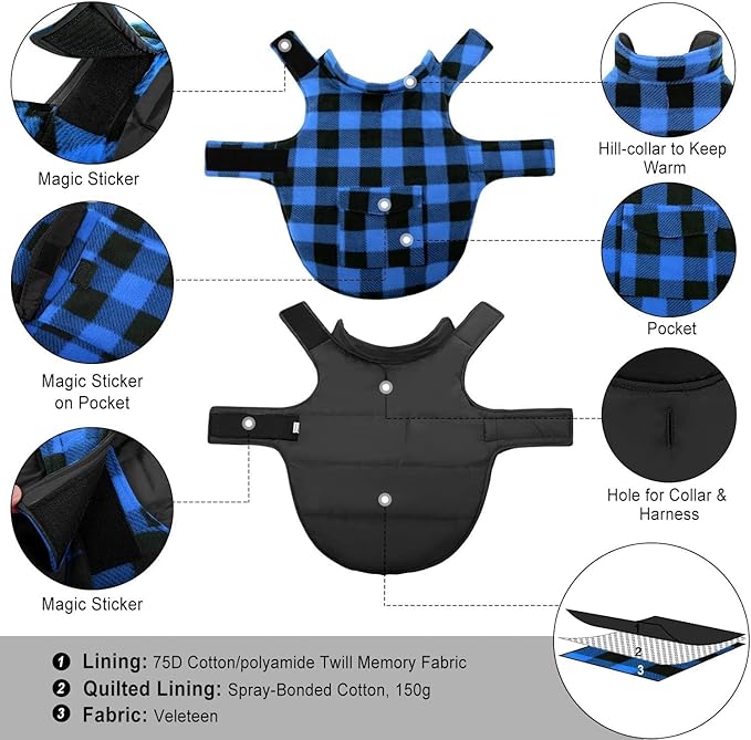 ASENKU Dog Winter Coat, Fleece Doggie Jacket Plaid Reversible Vest Waterproof Windproof Cold Weather Clothes for Small Medium Large Dogs (M, Blue)
