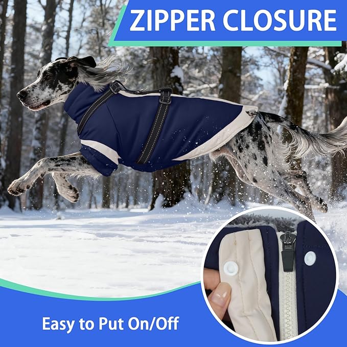 MIGOHI Dog Coat with Harness Built in, 2-in-1 Windproof Dog Winter Jacket, Thermal Reflective Snowsuit with Turtleneck, Back Zipper Fleece Coat for Small Dogs, Chihuahua, Navyblue, XS