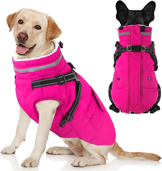 Dogcheer Dog Coat with Harness, Waterproof Warm Dog Winter Jacket with Pockets, Reflective Pet Fleece Jacket Turtleneck Snowsuit for Small Medium Large Dogs - Pink, XL