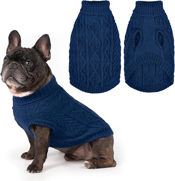 PUPTECK Dog Sweater, Turtleneck Warm Knitted Pullover Coat, Thick Cable Knitwear Clothes in Winter, Pet Apparel Outfits for Small Medium Dogs, for Cold Weather Indoor & Outdoor, Deep Blue S