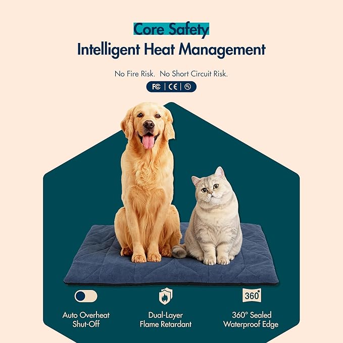Dog Heating Pad (48"x28") - Waterproof Electric Heated Mat & Pet Bed for Indoor and Outdoor Use, Chew Resistant Cord, Machine Washable Cover with Wheat Pattern Quilting, for Cats and Pets