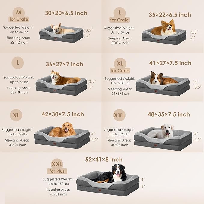 EHEYCIGA Memory Foam Dog Bed for Large Sized, Orthopedic Dog Sofa with Sides and Waterproof Liner, Washable Bolster Pet Bed Couch with Removable Cover, 36x27x7 Inch, Grey