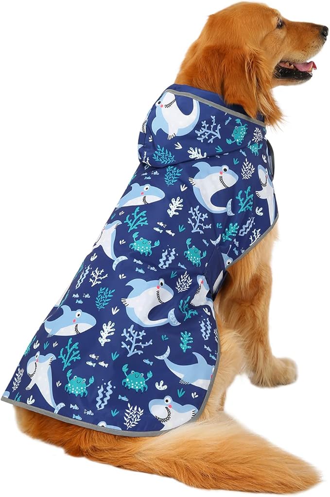 HDE Reversible Dog Raincoat Hooded Slicker Poncho Rain Coat Jacket for Small Medium Large Dogs Sharks - L