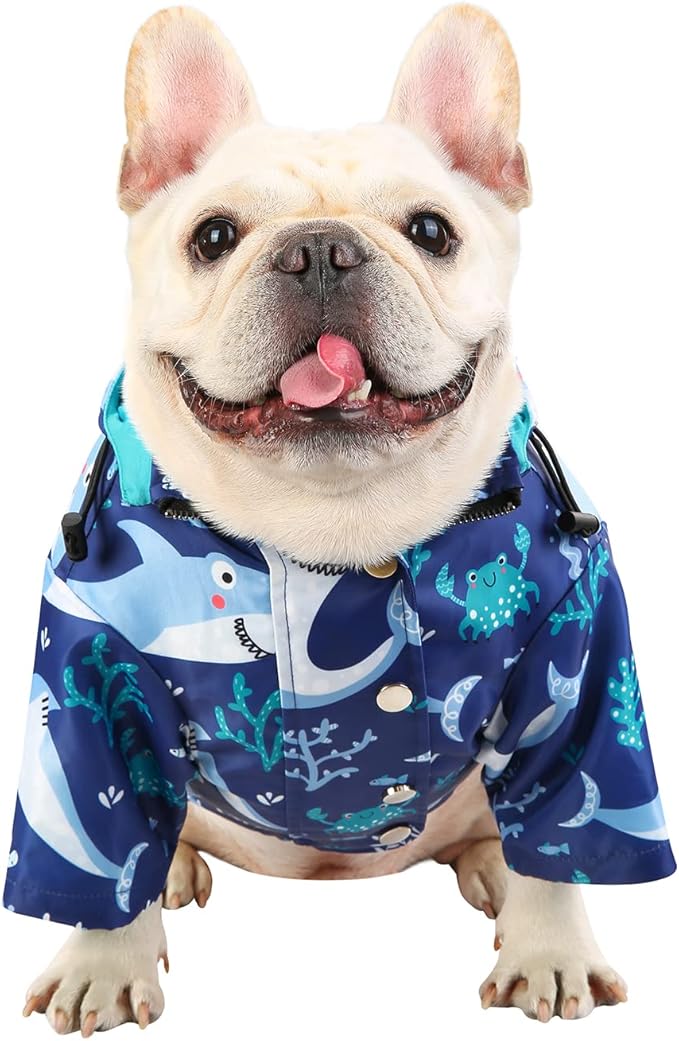 HDE Dog Raincoat Poncho Double Layer Zip Rain Jacket with Removable Hood, Leash Hole for Small to 3XL Dogs and Puppies Sharks - L