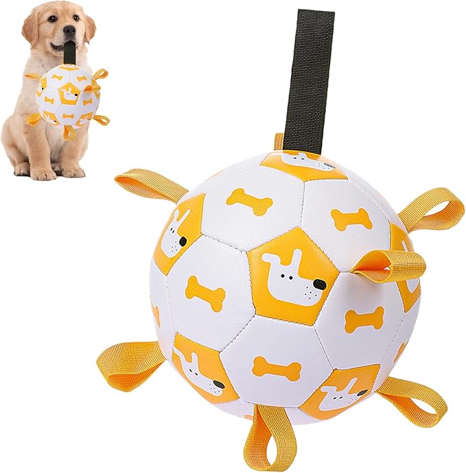 Dog Toys Soccer Ball, Soccer Ball with Straps, Interactive Dog Toys for Tug of War, Dog Water Toy, Durable Dogs Balls for Small Medium & Large Dogs