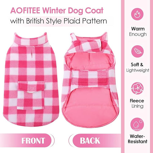 AOFITEE Dog Coat Plaid Dog Winter Coat for Small Dogs, Warm Dogs Jacket Christmas Sweater, Waterproof Pet Puffer Jacket, Reversible Pet Cold Weather Coats for Small Medium Large Pets, Pink L