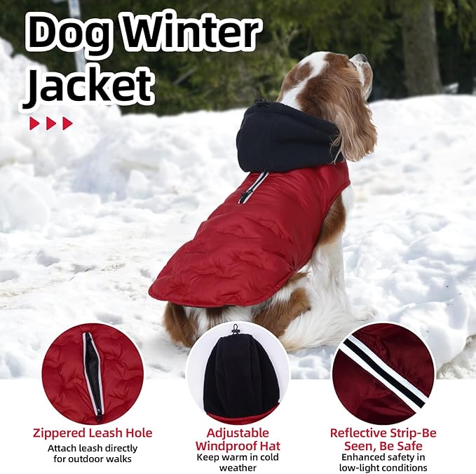 Nanaki Large Puffer Jacket for Dogs for Cold Weather-Warm Dog Winter Jacket with Leash Hole, Lightweight Windproof Puffer Vest with Hood for Outdoor Activities, Snowsuit Halloween Christmas, Red