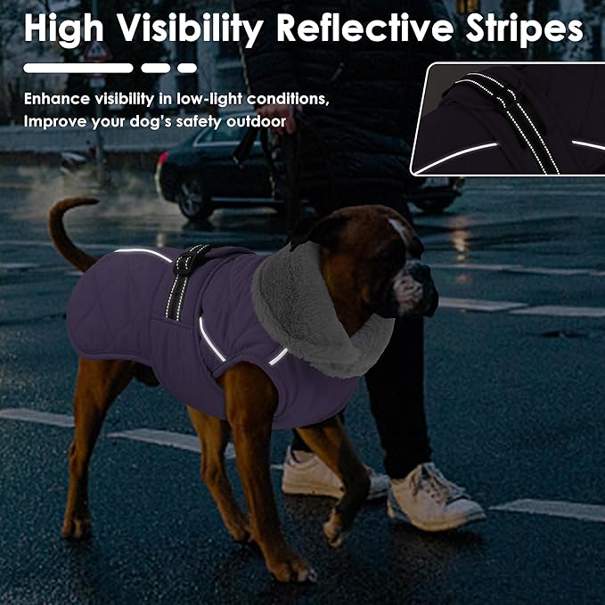 Dog Coat, Waterproof Dog Winter Jacket with Adjustable Buckle, Reflective Turtleneck Pet Snow Vest Warm Fleece Sweater for Small Medium Large Dogs - Purple, M