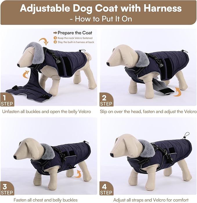 Queenmore Winter Dog Jackets for Large Dogs XXL, Waterproof Winter Coat for Extra Large Pitbull/Great Danes, Warm Puffer Snow Jacket for Cold Weather - Fleece Lining Velcro Closure Reflective, Navy