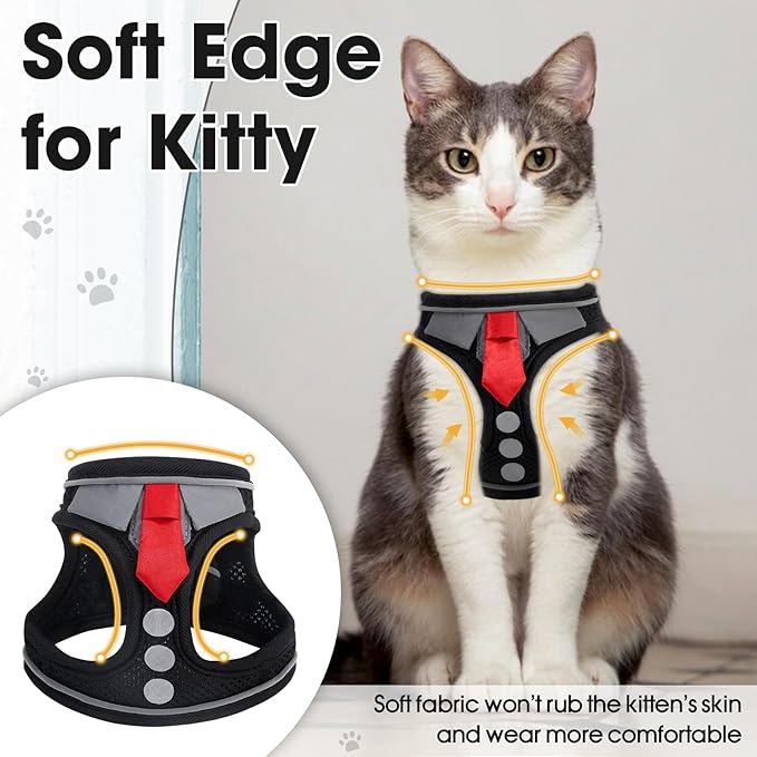 Cat Harness and Leash Set for Walking Escape Proof, Soft Adjustable Kitten Harness Breathable Mesh with Reflective Strips Harness for Kitty Puppy Bunny(Black,XS)