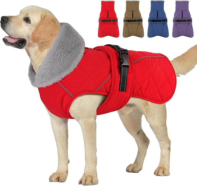Dog Coat, Waterproof Dog Winter Jacket with Adjustable Buckle, Reflective Turtleneck Pet Snow Vest Warm Fleece Sweater for Small Medium Large Dogs - Red, S