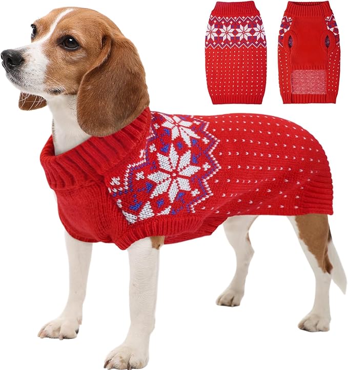 Kuoser Dog Sweater, Holiday Christmas Snowflake Pet Warm Knitwear Dog Sweaters Soft Puppy Clothing, Doggie Turtleneck Cold Weather Outfit Pullover for Small Medium Large Dogs Cats, Red L