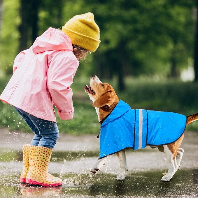 Fashion Hooded Dog Raincoat - Reflective Doggy Rain Jacket Lightweight Waterproof Dog Raincoats for Medium Dogs (Medium, Blue)