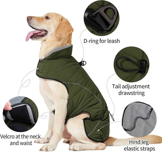 HEYWEAN Dog Winter Coat - Waterproof Windproof Reflective Vest for Medium & Large Breeds Adjustable Warm FleeceLined Jacket with Magic Tape & D-Ring for Leash Cold Weather Apparel (Green, XX-Large)