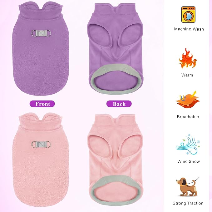Idepet 2 Pack Dog Fleece Vest Sweater Warm Pullover Jacket with D-Ring Leash Reflective Winter Coat Hoodie for Puppy Cat French Bulldog Pug Chihuahuas Yorkies Dachshunds(Purple&Pink,Medium)