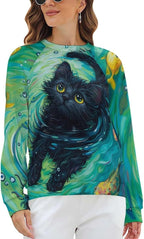 Long Sleeve Shirts for Women Cat Oil Painting Shirt 3D Graphic Sweatshirts Fall Pullover Crewneck Vintage Boho Tops