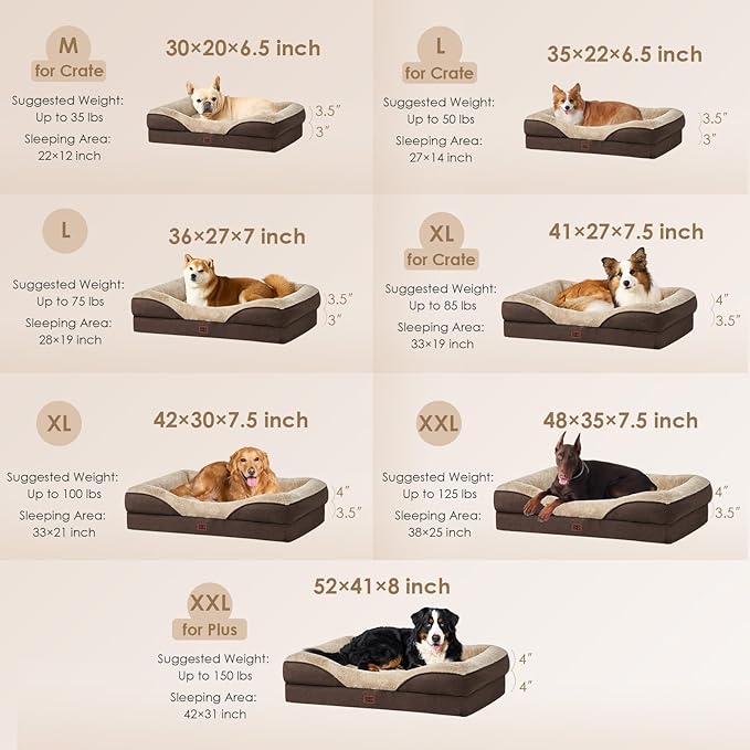 EHEYCIGA Memory Foam XL Dog Bed for XLarge Sized, Extra Large Orthopedic Dog Sofa with Sides and Waterproof Liner, Washable Bolster Pet Bed Couch with Removable Cover, 42x30x7.5 Inch, Brown